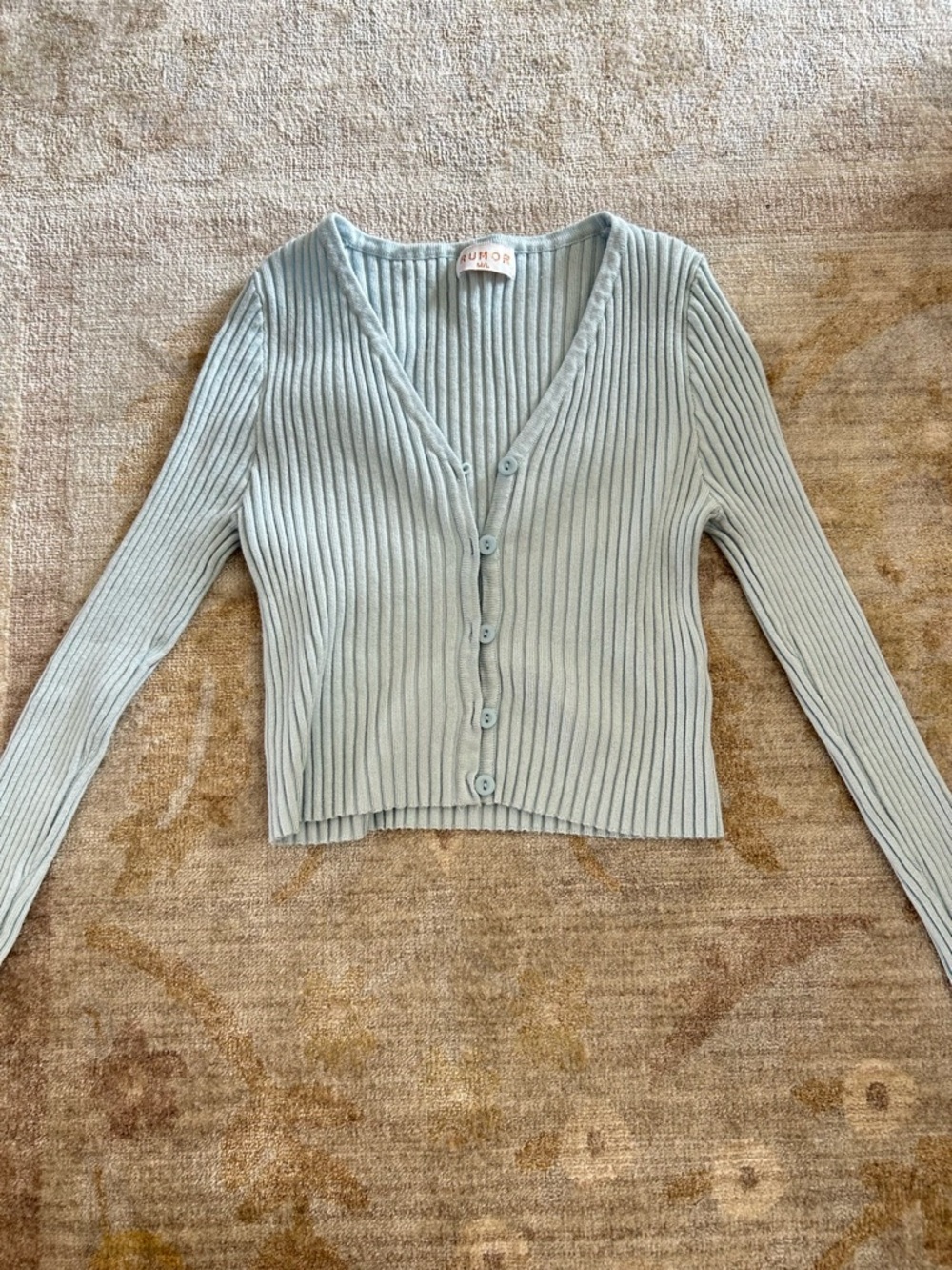 Ribbed V-Neck Button Front Cardigan in Light Blue